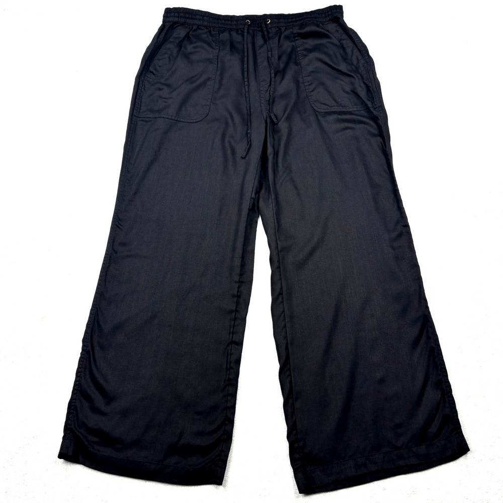 Lands End Womens 16P Black Lyocell Wide Leg Pants Elastic Waist Drawstring 16